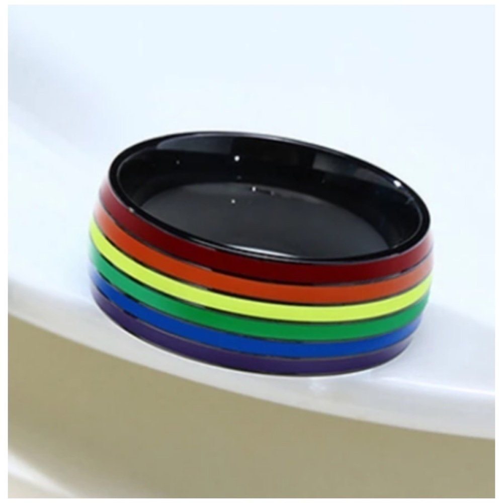 Striped Rainbow Colored Black Unisex Wedding Style Ring